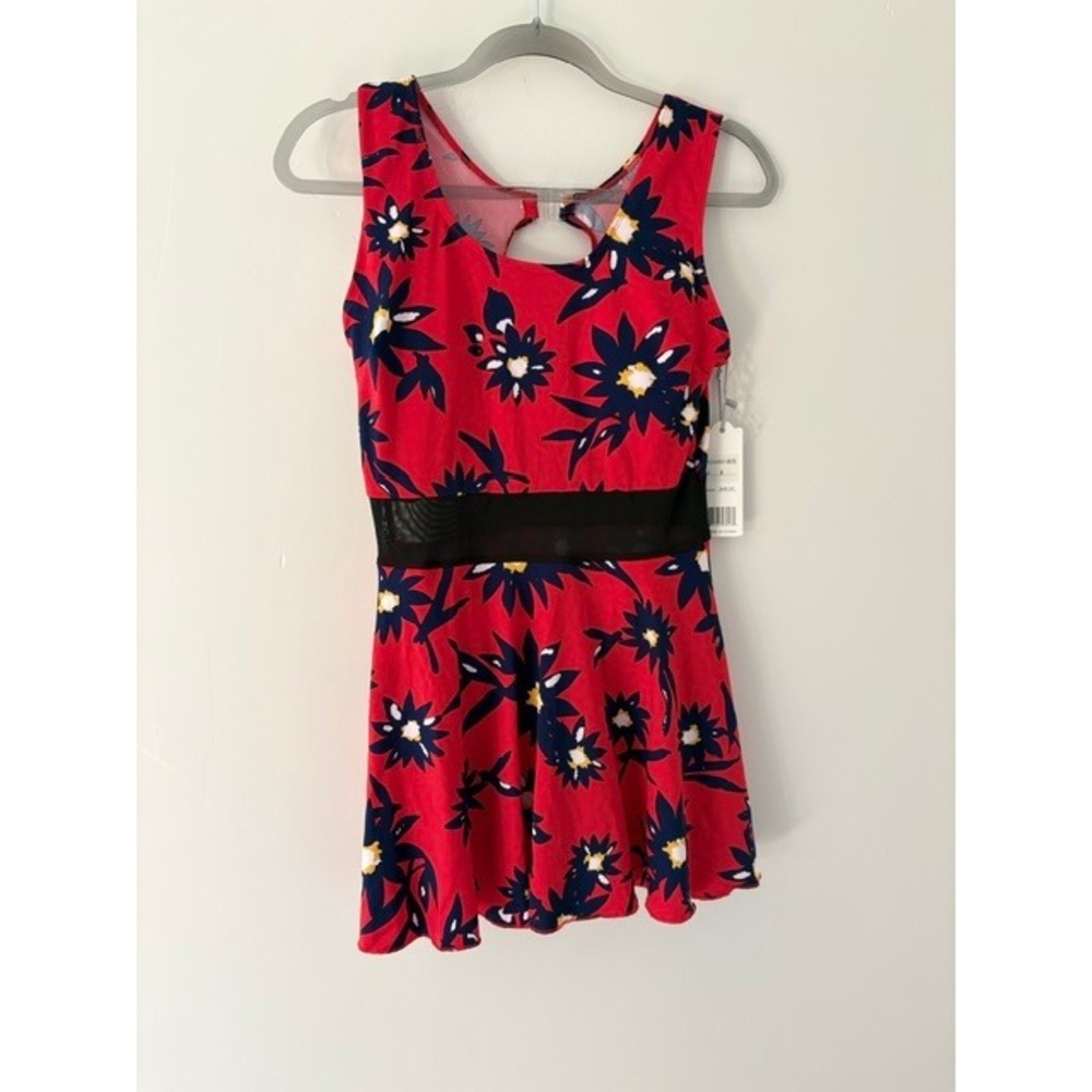 NWT Red Floral Mesh Midriff One Piece Swim Dress BS110 Womens Medium‎